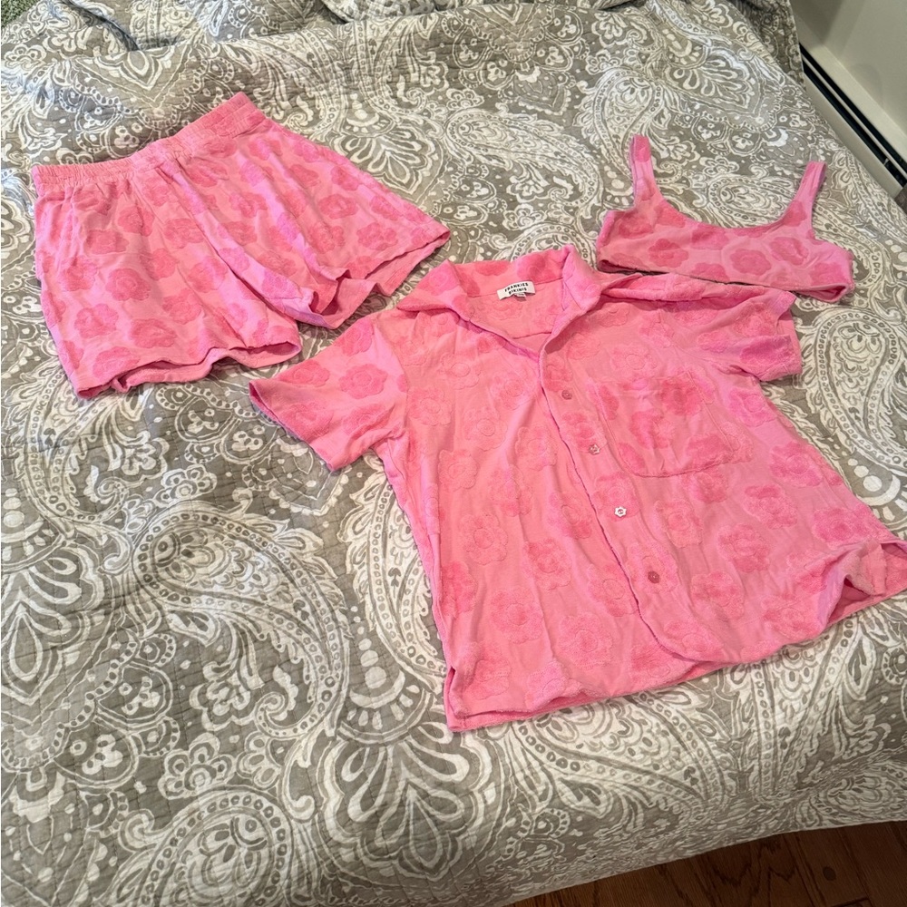Frankie's Bikinis Set with Button Up Shirt Shorts and Top Like New Hailee Pink
